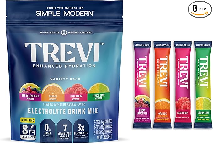 TREVI™ Sugar Free Electrolytes - Drink Mix Hydration Powder Packets - 8 Count - Original Variety Pack - Berry Lemoande, Lemon Lime, Raspberry, Orange
