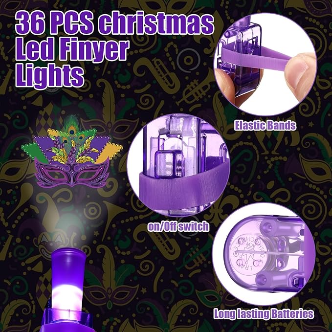 Tuanse 36 Pcs Mardi Gras Throws Bulk Mardi Gras Gifts Finger Lights for Kids Light up Carnival Finger Lights Party Favors for Carnival Celebration Party Supplies Parades Classroom Rewards Decor