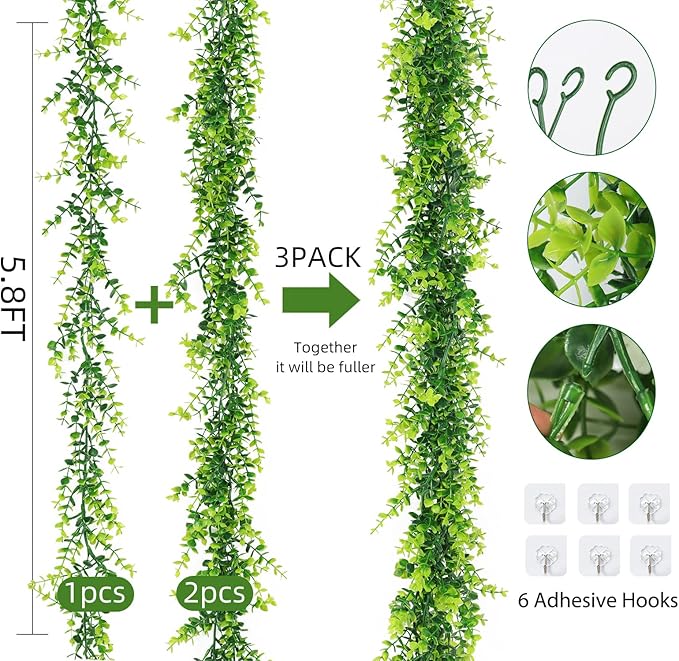 Artificial Eucalyptus Garland - Fake Greenery Leaves Vine Garlands Faux Hanging Plants for Home Mantle Table Wedding Backdrop Arch Wall Decoration, 3 Packs