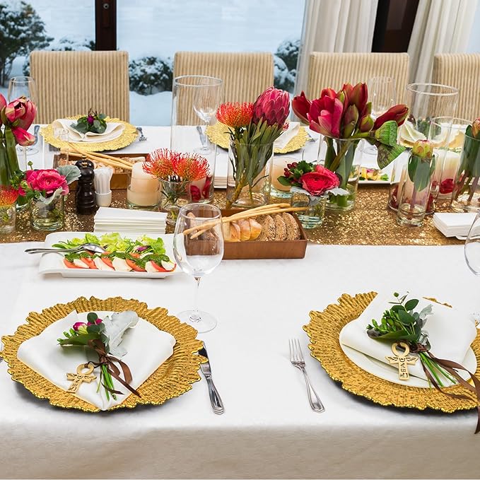 32 Pack Charger Plates Set Reef Chargers for Dinner Table Serving Tray Floral Plastic Decorative Plates for Table Setting Wedding Party, 13 Inch(Gold)