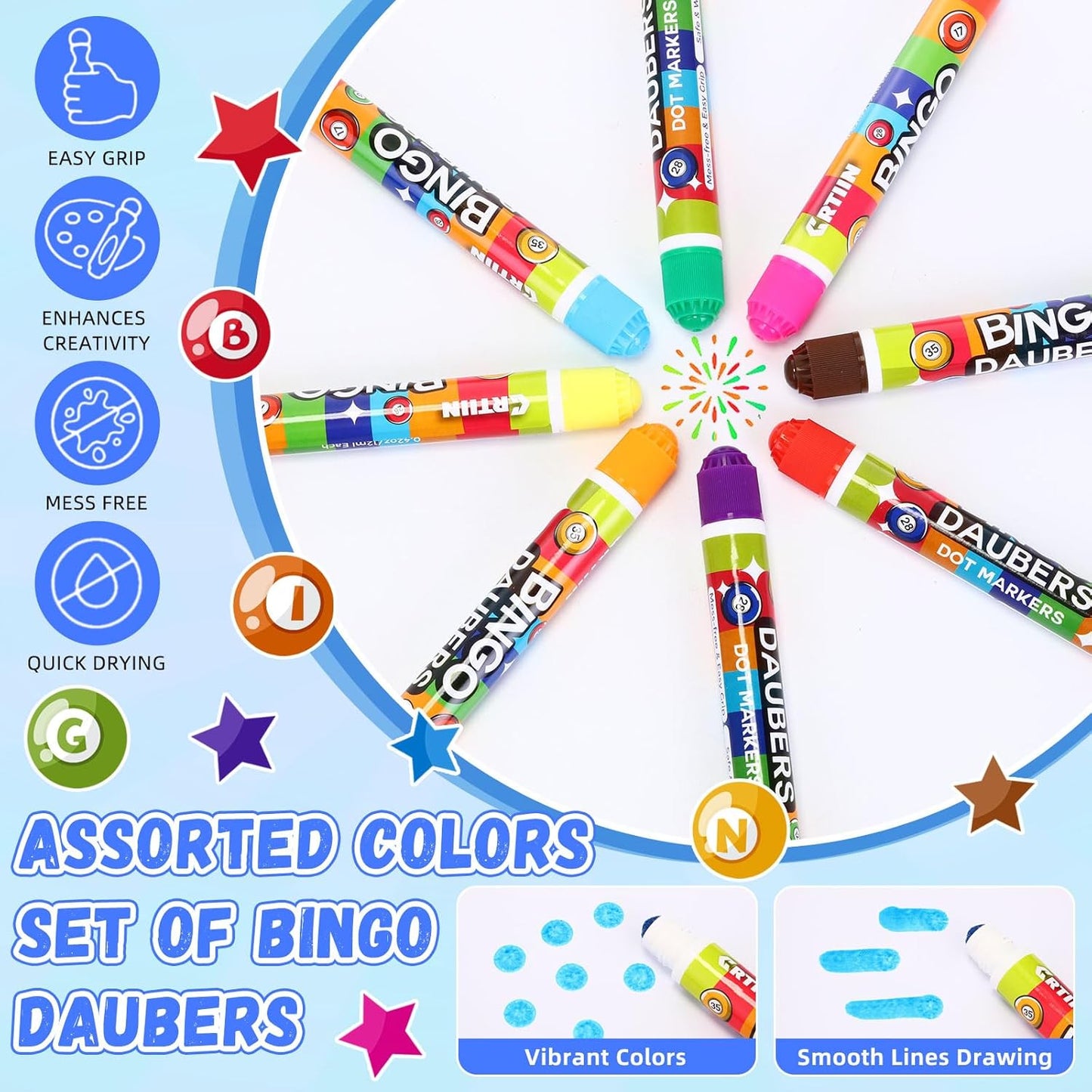 Crtiin 80 Pcs Bingo Daubers Dot Markers Set 12ml /0. 4oz Each, 8 Vibrant Colors for Kids Adults Dot Paint Markers Idea for Bingo Games, Art Crafts, Classroom Activities DIY Projects