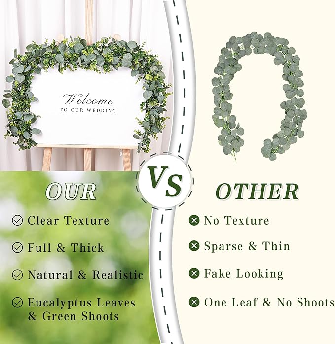 2 Pcs Eucalyptus Garland,5.9 FT Artificial Greenery Garland Fake Vines Flower Garlands for Wedding Table Centerpieces Arch Indoor Outdoor Wall Backdrop Decorations