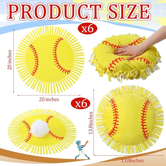 Mindsoft 6 Sets Fleece Tied Pillow Craft Kit Softball Theme DIY Pillow Making Set for Kids, No Sewing with Soft PP Cotton Stuffing for Softball Home Classroom Activity Gift for Sports Birthday Party