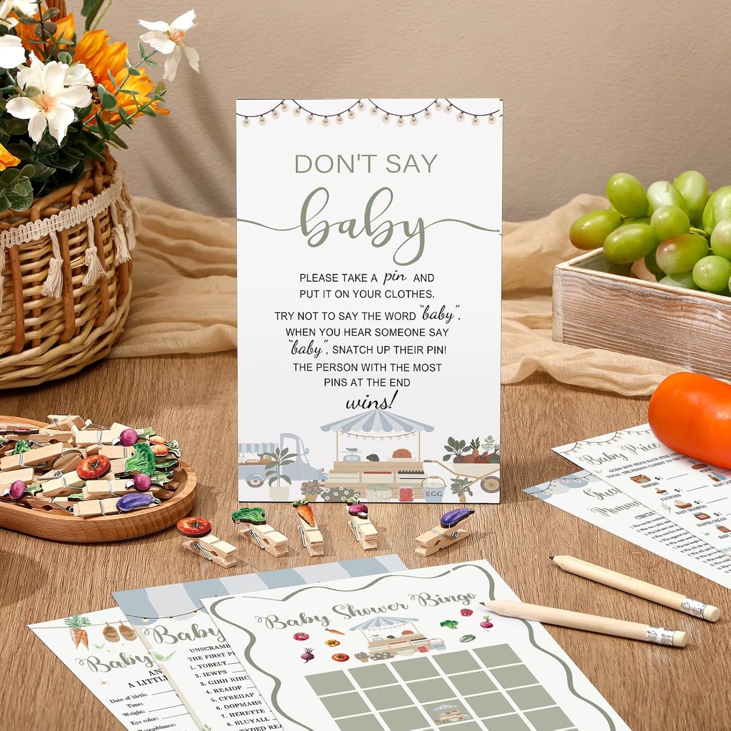 Patelai 321 Pcs Baby Shower Games Supplies, 5 Sets (50 Cards Each) Activities Cards with 20 Pencils 1 Don't Say Baby Sign 50 Clothespin (Locally Grown)