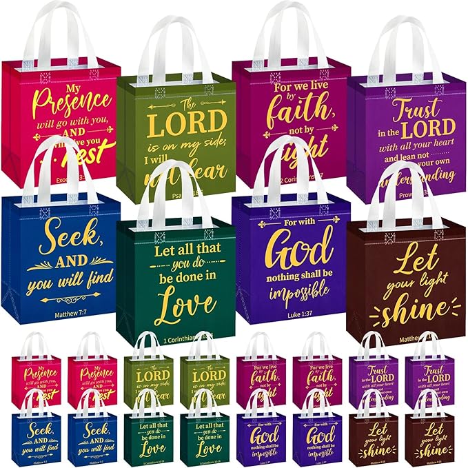 HunnmingRe 16 Pcs Christian Gift Bags Bulk, Easter Reusable Religious Bible Verse Tote with Handles Non Woven Scripture Pastor Blessing Gift for Baptism Church Wedding Favors