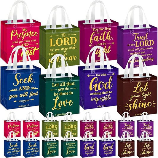 HunnmingRe 16 Pcs Christian Gift Bags Bulk, Easter Reusable Religious Bible Verse Tote with Handles Non Woven Scripture Pastor Blessing Gift for Baptism Church Wedding Favors