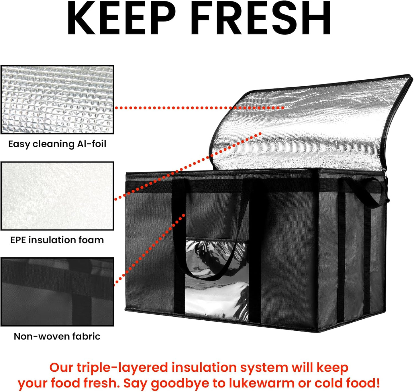 Insulated Cooler Bag and Food Warmer (3XL, 4 Pack) for Delivery & Grocery Shopping with Zippered Top, Black