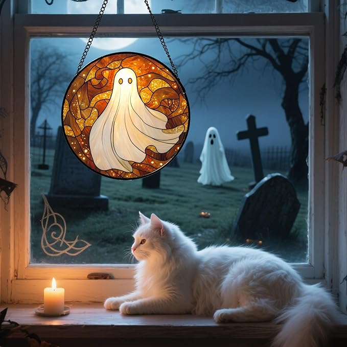 Stained Glass Window Hanging - Halloween Decoration White Ghost Robe Suncatcher for Door Garden Spooky Starry Sky Sun Catchers Gothic Decor Horror Gifts for Women Men Friend Boy Girl 11.8 in