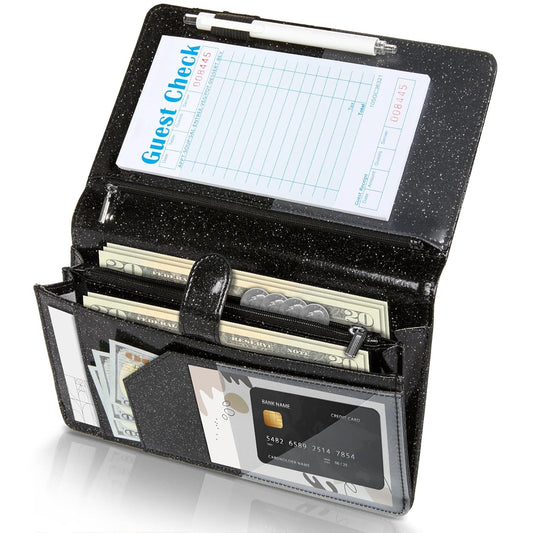 Server Book High Volume, Expandable Server Book,5"×9", Waitress Waiter Book, Leather Waitress Book with 2 Zipper Pockets and Magnetic Pocket, Server Books Server Booklet Fit Server Apron, Flash Black