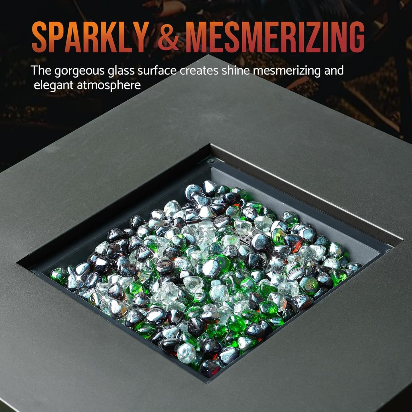 Skyflame 10-Pound Blended Fire Glass Diamonds for Fire Pit Fireplace Landscaping, 1/2 Inch Emerald Green, Crystal Ice, Amber Luster