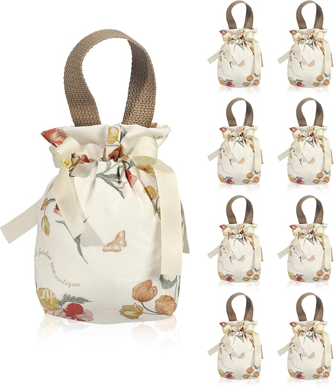 Liobelon Small Floral Gift Bags with Handles,8 Pieces Floral Canvas Drawstring Bags Small Candy Treat Bag Tea Party Favor Bag Jewelry Pouches for Women Wedding Birthday Party Supplies (Champagne)