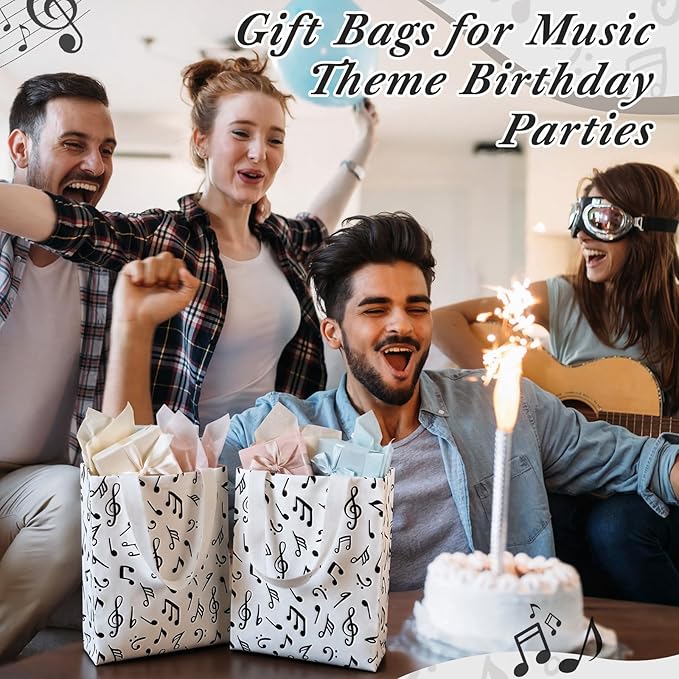 Supervitae 24 Pack Music Theme Gift Bags Medium Black Music Notes Party Favor Bags Musical Reusable Totes Non Woven Goodie Totes for Wedding Birthday Baby Shower Family Travel(9.8" x 7.9" x 3.9")