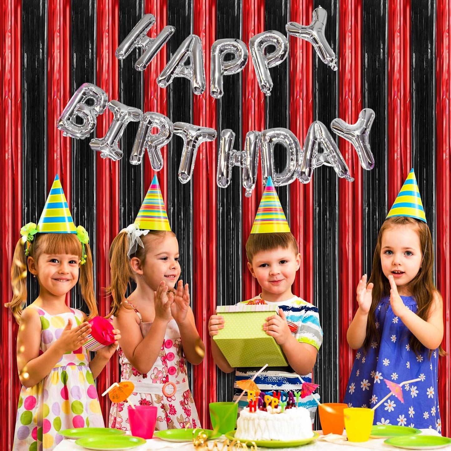 Accevo 3Pack Red Black Party Streamers 3.2x8.2 Feet Metallic Foil Fringe Curtains Tinsel Streamers Party Decor Photo Booth for Christmas Halloween Wedding Birthday Xmas Anniversary Party Decorations