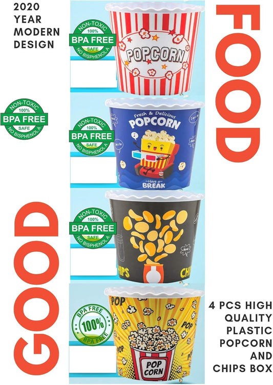 Modern Style Reusable Plastic Popcorn Containers / Popcorn Bowls Set for Movie Theater Night - Washable in the Dishwasher - (BPA Free-4 Pack) (Color: Yellow, Brown, Red/White and Blue Popcorn Boxes)