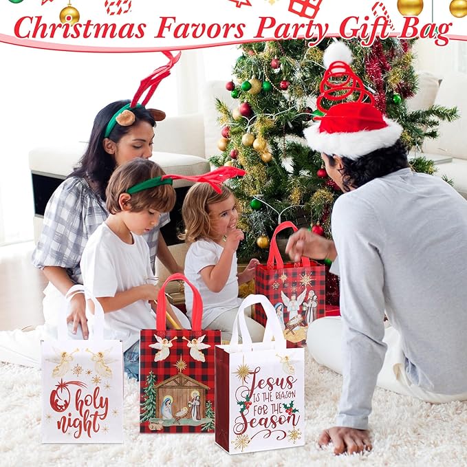 Wesnoy 48 Pcs Christmas Nativity Gift Bags Bulk 10 x 8 x 4 Inch Reusable Non Woven Christian Party Favors Red White Treat Goodies Tote Bags with Handles for Religious Jesus Holiday Party Supplies