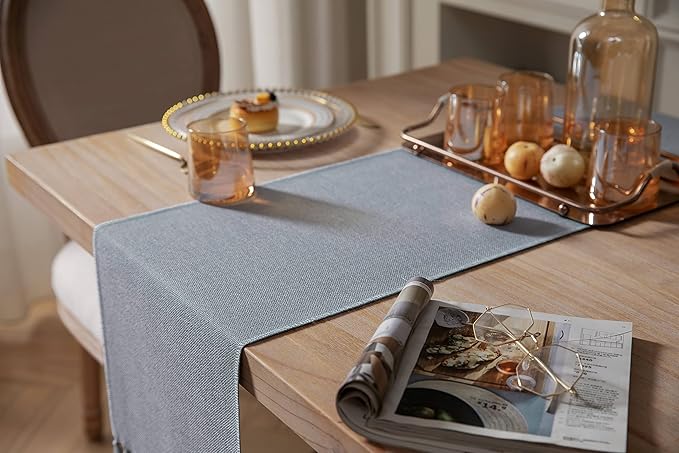 ZeeMart Dusty Blue Table Runners 36 Inches Long, Burlap Linen Style Rustic Farmhouse Table Runner, Small Short Boho Coffee Table Runner, 13x36 Inches, Light Dusty Blue