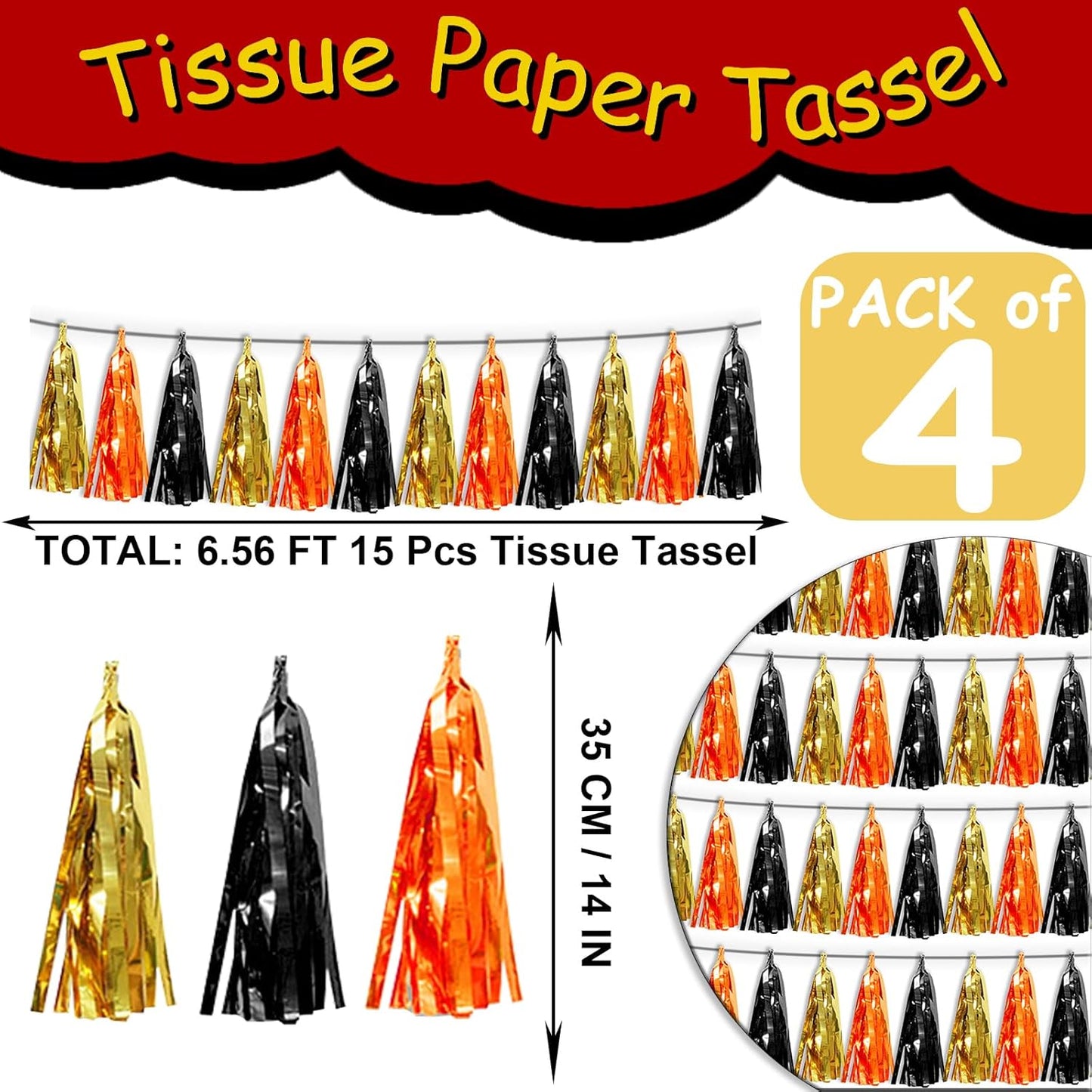 4P Orange Gold Black Tassel Banner Garland Metallic Foil Fringe Banner Tinsel Tassels Streamer Banner Backdrop for Parade Floats, Graduation Decorations, Halloween, Christmas Decorations