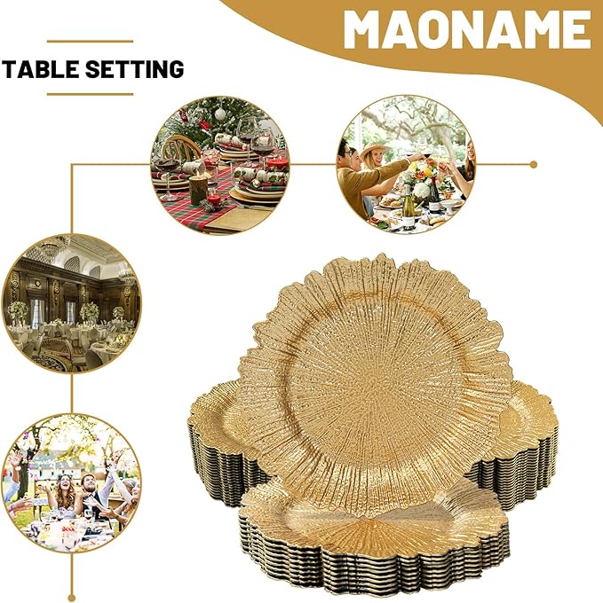 MAONAME 13" Gold Charger Plates Set of 50, Reef Plate Charger Bulk, Round Chargers for Dinner Plates, Plastic Table Chargers for Wedding Decor