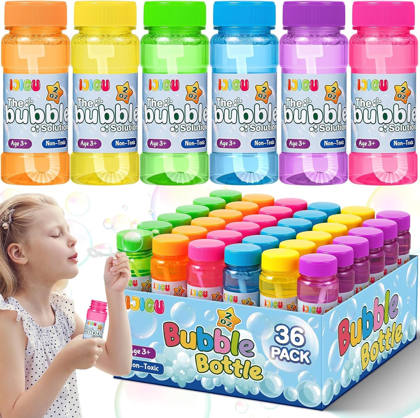 Bubble Bottles 36 Pack (2oz), Bubbles for Kids, Bubble Solution with Bulk Wands in 6 Colors as Party Favors for Toddlers 1-3, Summer Outdoor Toy Gift for Boys & Girls