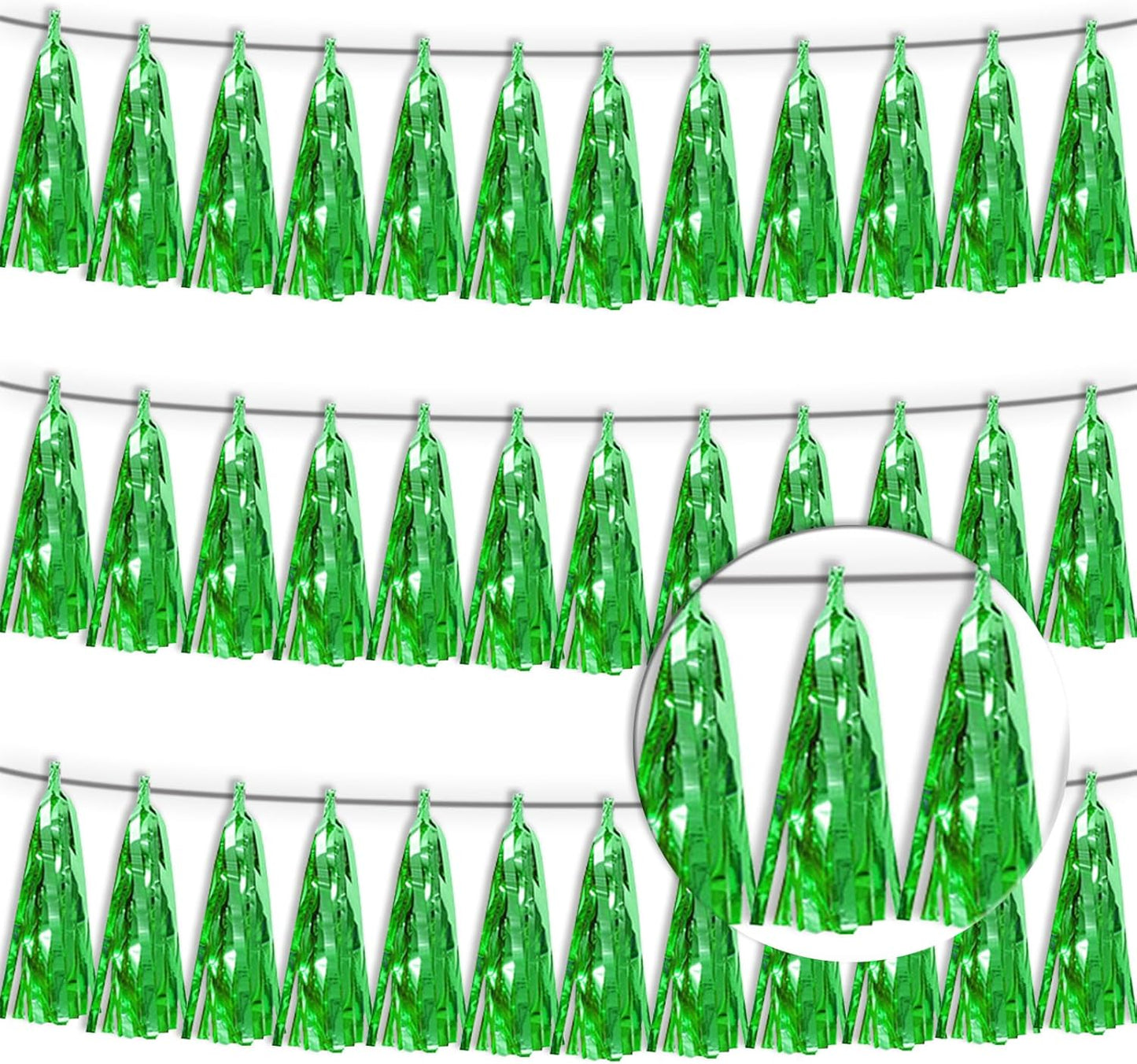 3P Green Tassel Banner Garland Metallic Foil Fringe Banner Tinsel Tassels Streamer Banner Backdrop for Parade Floats, 2025 Graduation Decorations, Father's Day Party Decoration
