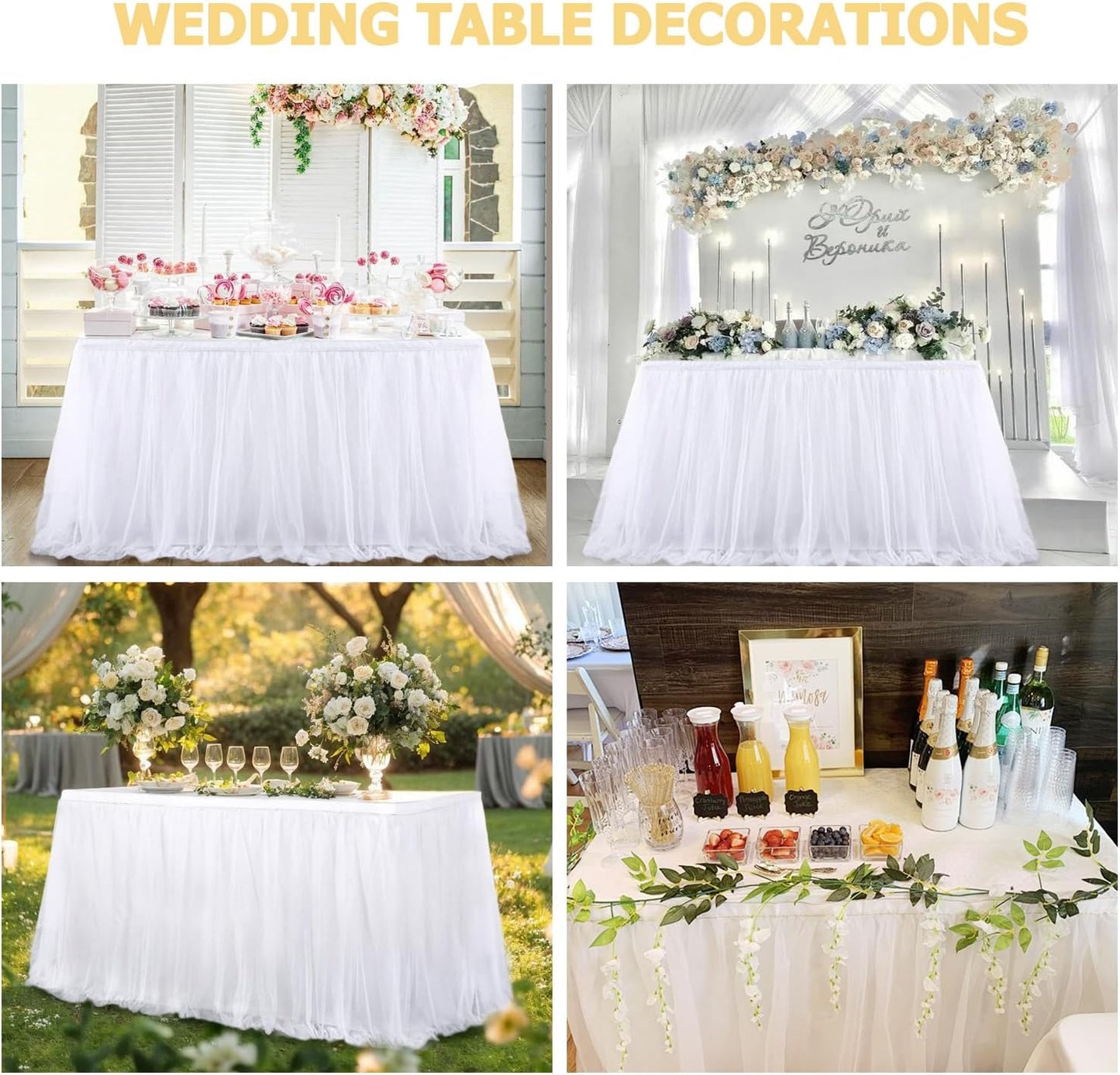 6Ft White Tulle Table Skirts for Rectangle Tables Covers Ruffle Tutu Cloth Tableskirt, 72X30.3'' Tulle Tablecloth For Wedding Round Table Bridal Baby Shower Birthday Banquet Party Decorations