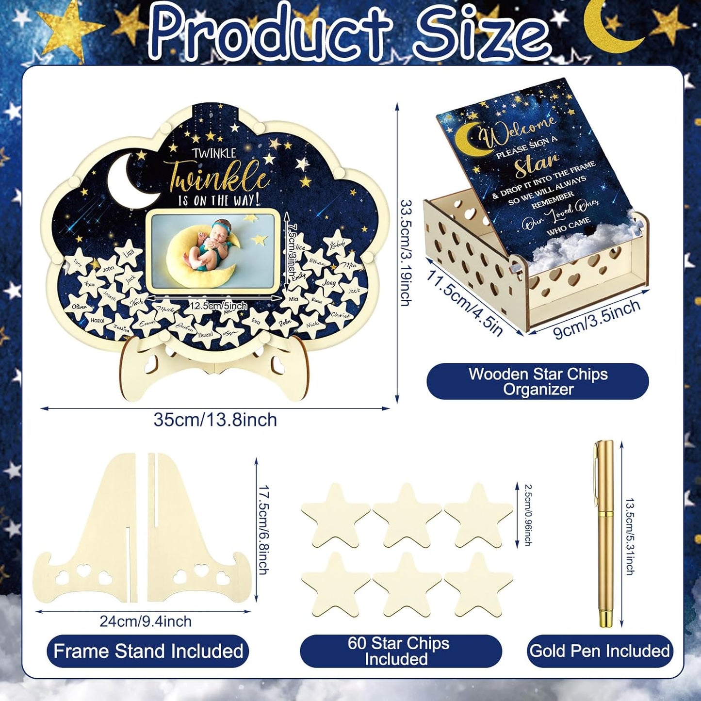 Wenqik 63 Pcs Moon and Star Baby Shower Guest Book Alternatives Set Baby Shower Decorations with Photo Frame Sonogram Frame Keepsake 60 Wood Slices Guest Book for Birthday
