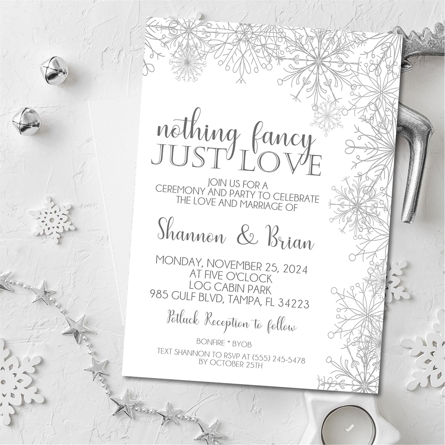 Winter Snowflake Wedding Invitations, Boho Winter, Personalized, Set of 12 Invitations with Envelopes