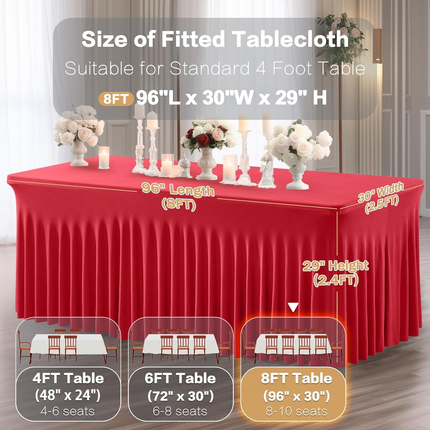 6 Packs Red Spandex Clothes for 8 Foot Rectangle Tables, Stretch Covers 8FT Skirts, Wrinkle Free Fitted Cover for Event, Wedding, Banquet & Parties