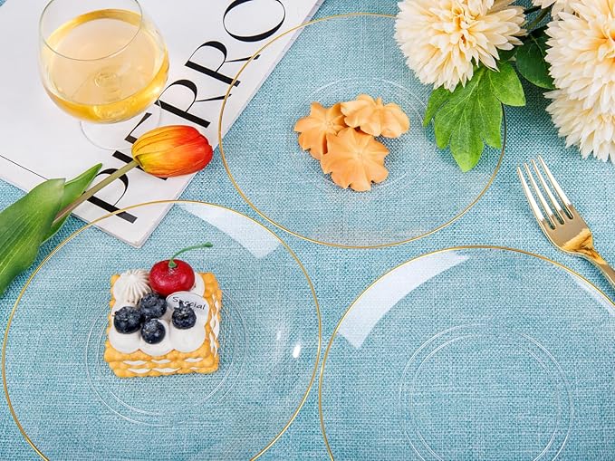 Nervure 100Pieces Clear and Gold Rim Plastic Plates - 7.5inch Disposabl Salad Dessert Plate - Clear and Gold Party Plates Ideal for Wedding & Party (Pack of 2)