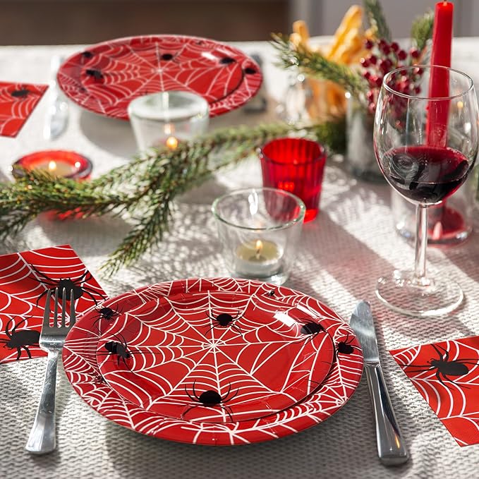 75pcs Spider Party Supplies, 25 Guest Disposable Red Paper Plates & Napkins, Tableware Decorations Favors, Including 9" & 7" Plates & Napkins for Halloween, Birthday, Parties, and Everyday Use