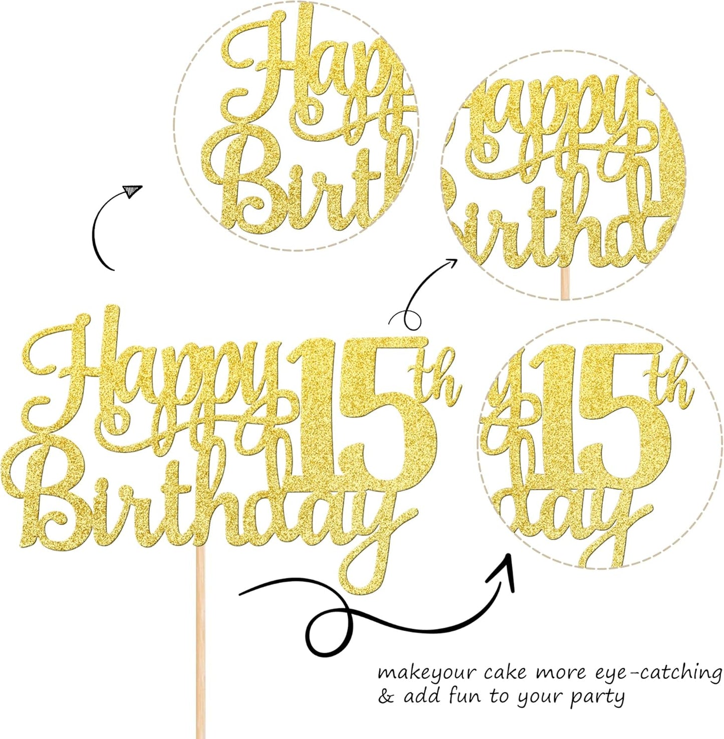1 PCS Happy 15th Birthday Cake Topper Gold Glitter Cheers to 15 Years Birthday Cake Pick Mis Quince 15 Fabulous Cake Decoration for Happy 15th Birthday Theme Party Decorations Supplies