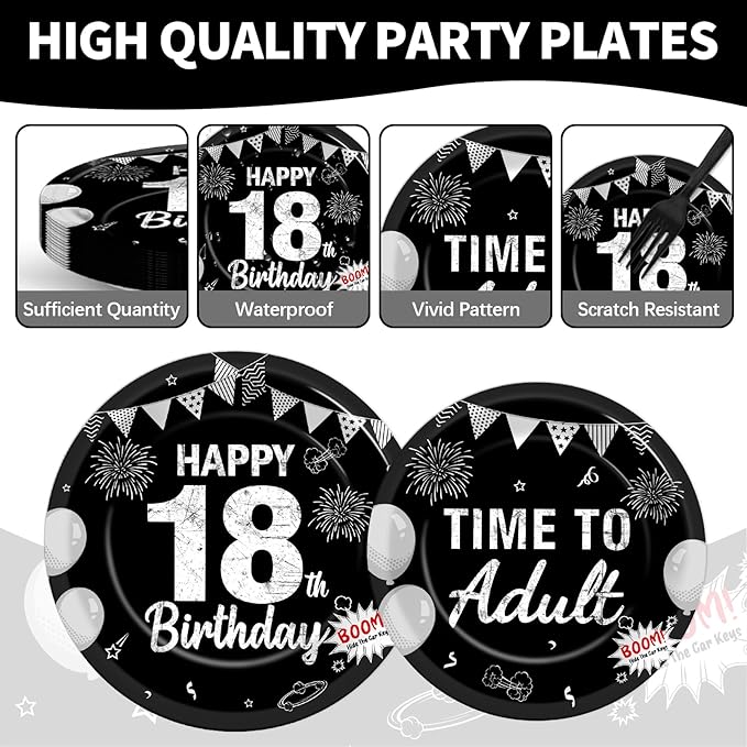 96PCS 18th Birthday Party Paper Plates and Napkins Black Silver 18th Birthday Supplies for Boys and Girls Time to Adult Disposable Dessert Plates Happy 18 Kids Party Birthday Gatherings Decorations