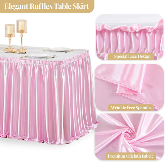 Wish Care 21ft Length Pink Satin Table Skirt for Rectangle Tables Wrinkle Free Glitter Desk Skirts Pleated Ruffle Table Cloth for Wedding Girls Birthday Baby Shower Party Buffet Cake Table Decorations