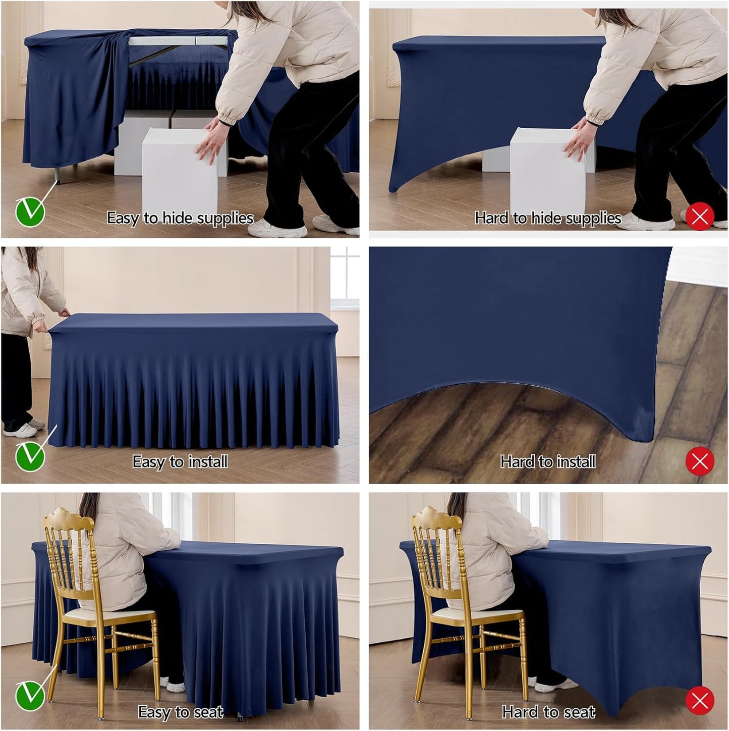 Outpain 6ft Spandex Table Cloth for Standard Folding Tables-6Pack Navy Blue Table Cloth Table Protector for Party, Wedding, Cocktail, Banquet, Festival