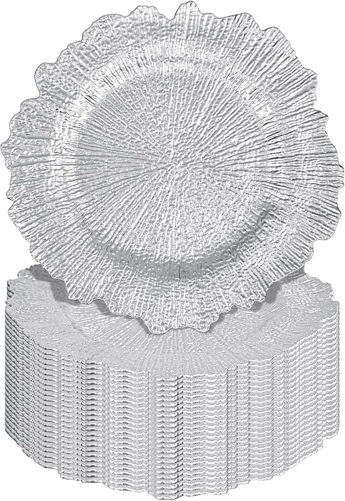 Pesonlook 24Pcs Silver Charger Plates Round 13inch, Reef Plate Chargers for Dinner, Bulk Plastic Floral Table Charger Plates for Dinner Wedding Party Event Table Setting Decoration(Silver)