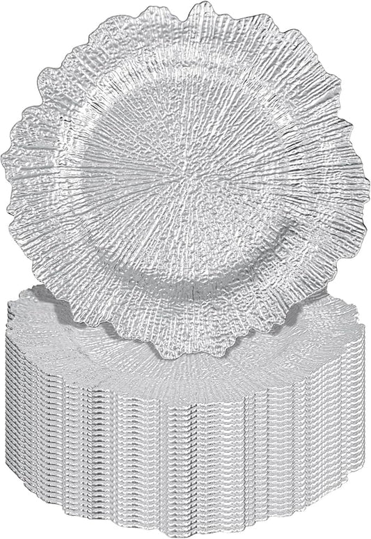 Pesonlook 24Pcs Silver Charger Plates Round 13inch, Reef Plate Chargers for Dinner, Bulk Plastic Floral Table Charger Plates for Dinner Wedding Party Event Table Setting Decoration(Silver)