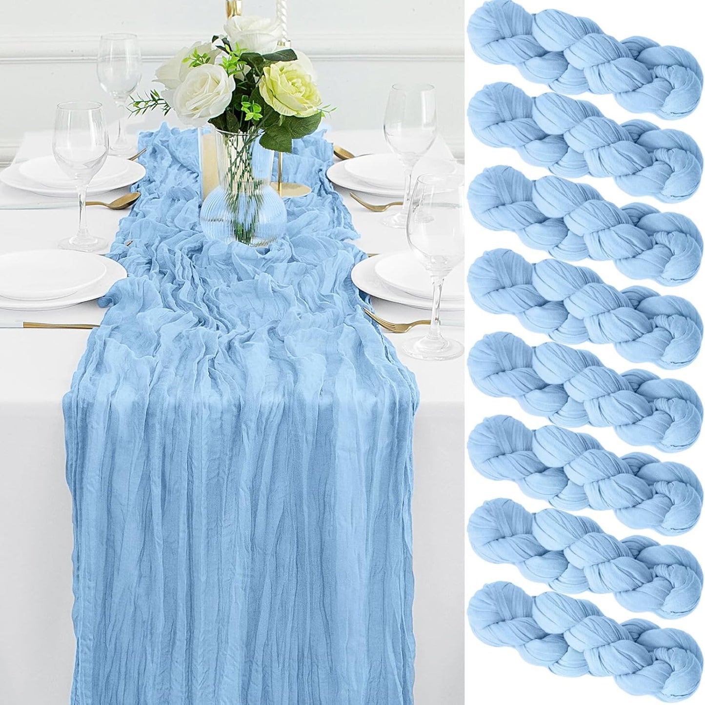 8Pack Light Blue Table Runner 10FT Cheesecloth Table Runner 35x120Inch Long Boho Cheese Cloth Table Runners Rustic Gauze Table Runners for Party Wedding Bridal Shower Baby Shower Decorations