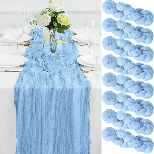 8Pack Light Blue Table Runner 10FT Cheesecloth Table Runner 35x120Inch Long Boho Cheese Cloth Table Runners Rustic Gauze Table Runners for Party Wedding Bridal Shower Baby Shower Decorations