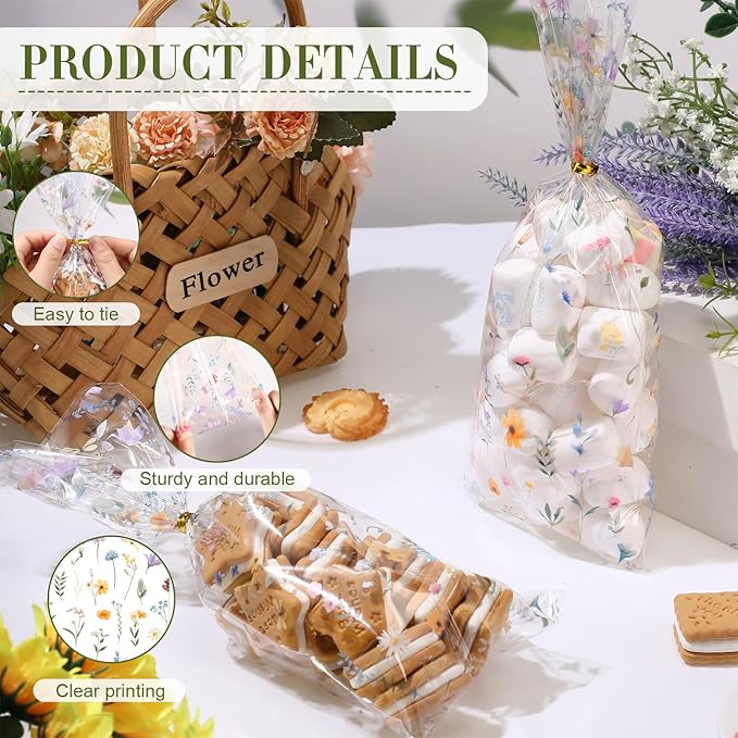 Sweetude 100 Pcs Wildflower Party Cellophane Treat Bags Floral Candy Plastic Clear Goody Bags Flat Bottom Gift supplies for Baby Shower Bridal Shower Birthday Wedding Party Favors,11 x 5