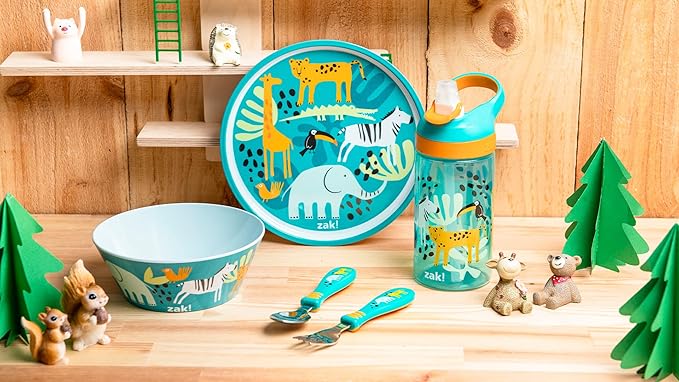 Zak Designs 5-Piece Dinnerware Set, Safari - Durable Plastic & Stainless Steel - Includes Water Bottle, 8-Inch Plate, 6-Inch Bowl, Fork & Spoon - Suitable for Kids Ages 3+