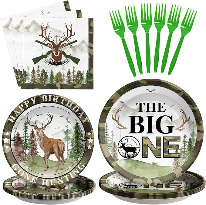 96Pcs Hunting Camo Birthday Party Decorations Hunting Camo Party Plates Disposable The Big One Paper Tableware Set for Gone Hunting Themed 1st Birthday Party Supplies, Serves 24