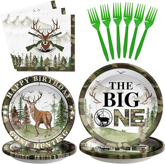 96Pcs Hunting Camo Birthday Party Decorations Hunting Camo Party Plates Disposable The Big One Paper Tableware Set for Gone Hunting Themed 1st Birthday Party Supplies, Serves 24