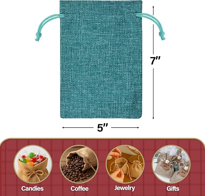 Mandala Crafts 5X7 Inch Teal Burlap Drawstring Gift Bags for Favors - 30 Small Linen Sacks Gift Pouches for Candy, Coffee, Jewelry, Wedding, and Party Supplies