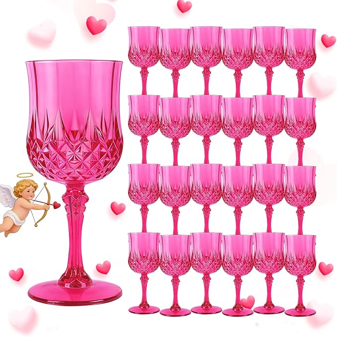 Plastic Wine Glasses, Plastic Goblets Vintage Style Cordial Unbreakable Drinking Glasses, Reusable Drinkware for Wedding Reception, Grand Event Party Supplies, Easter (24, Hot Pink)