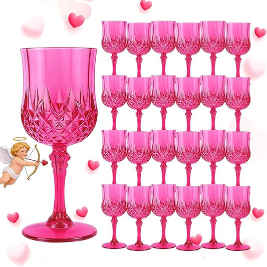 Plastic Wine Glasses, Plastic Goblets Vintage Style Cordial Unbreakable Drinking Glasses, Reusable Drinkware for Wedding Reception, Grand Event Party Supplies, Easter (24, Hot Pink)