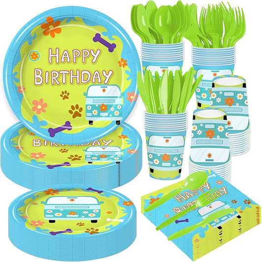 168PCS Mysterious Car Hippie Party Decorations for Kids Cartoon Dog Paw Themd 1st 2nd Birthday Party Supplies Groovy Daisy Favors Tableware with Plates Napkin Cups for 24 Guests