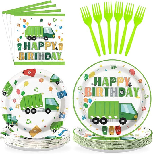 Grencian 96Pcs Trash Truck Birthday Decoration - Garbage Truck Plates and Napkins Trash Party Disposable Tableware for Kids Boys Recycling Rubbish Birthday Party Decorations Serves 24