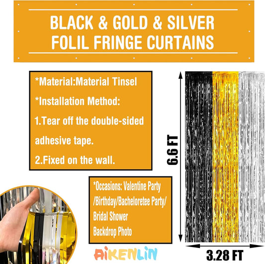 4 Pack 3.2Ft x 6.6Ft Black Gold Silver Foil Fringe Curtain Backdrop, Metallic Tinsel Foil Fringe Streamers Curtains Background for Notorious One Birthday Roaring 20s Graduation Party Decoration