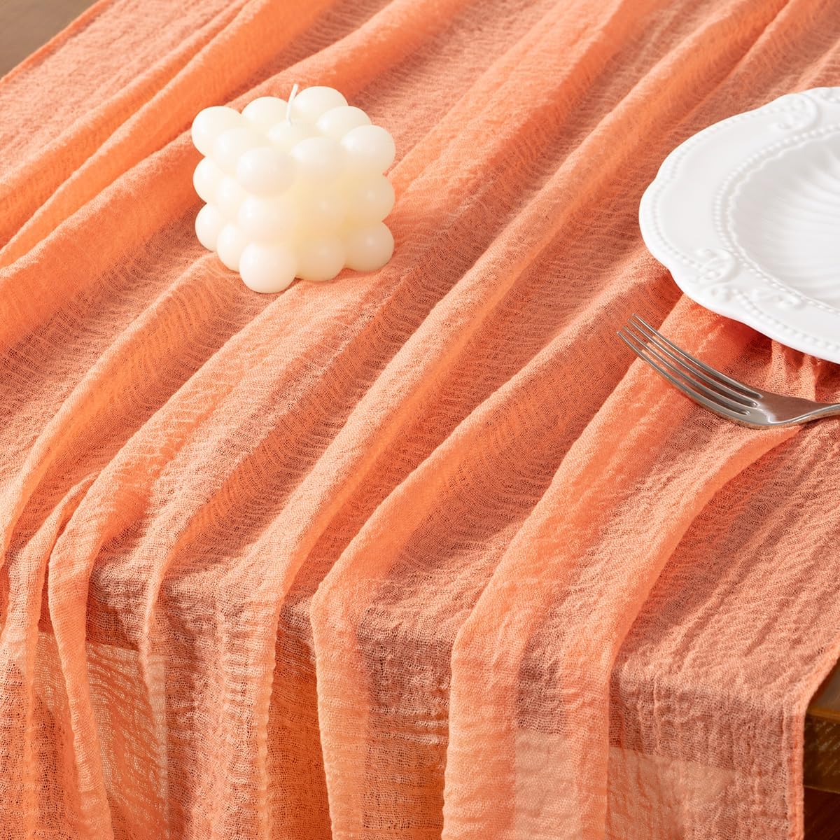 Socomi Peach Orange Fall Thanksgiving Gauze Cheesecloth Table Runner 120 Inch Rustic Boho Cheese Cloth Runner for Wedding Party Baby Bridal Shower Centerpiece Decoration Holiday Home Decorations