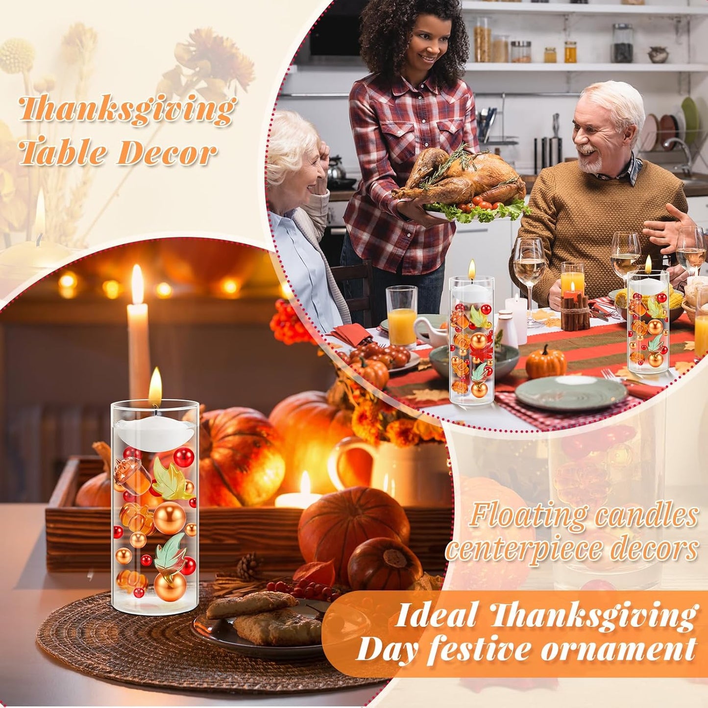 MTLEE 124 Pcs Thanksgiving Vase Filler Faux Pearl for Vase Filler with 8 White Unscented Candles for Fall Thanksgiving Home Table Party Festival Decors, Not Included Clear Beads(Mixed Leaves)